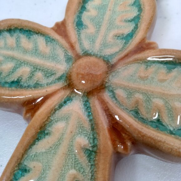 Ceramic Holy Cross Brown Blue Ornate Christian Religious Jesus Easter Hanging - Picture 6 of 12